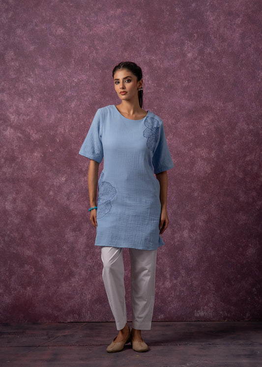 Juniper Sky Blue Cotton Embroidered Straight Kurta For Women | Grab2Buy