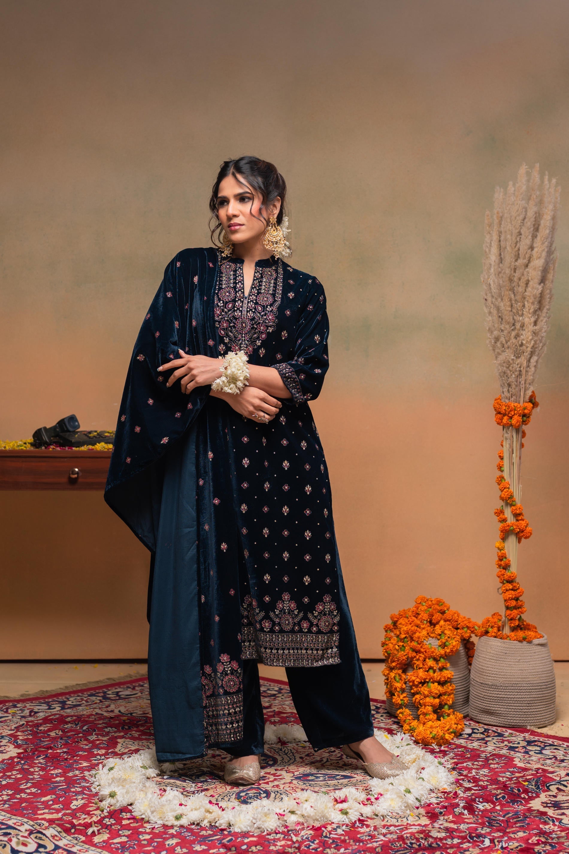Juniper Teal Embroidered Straight Kurta Set With Dupatta
