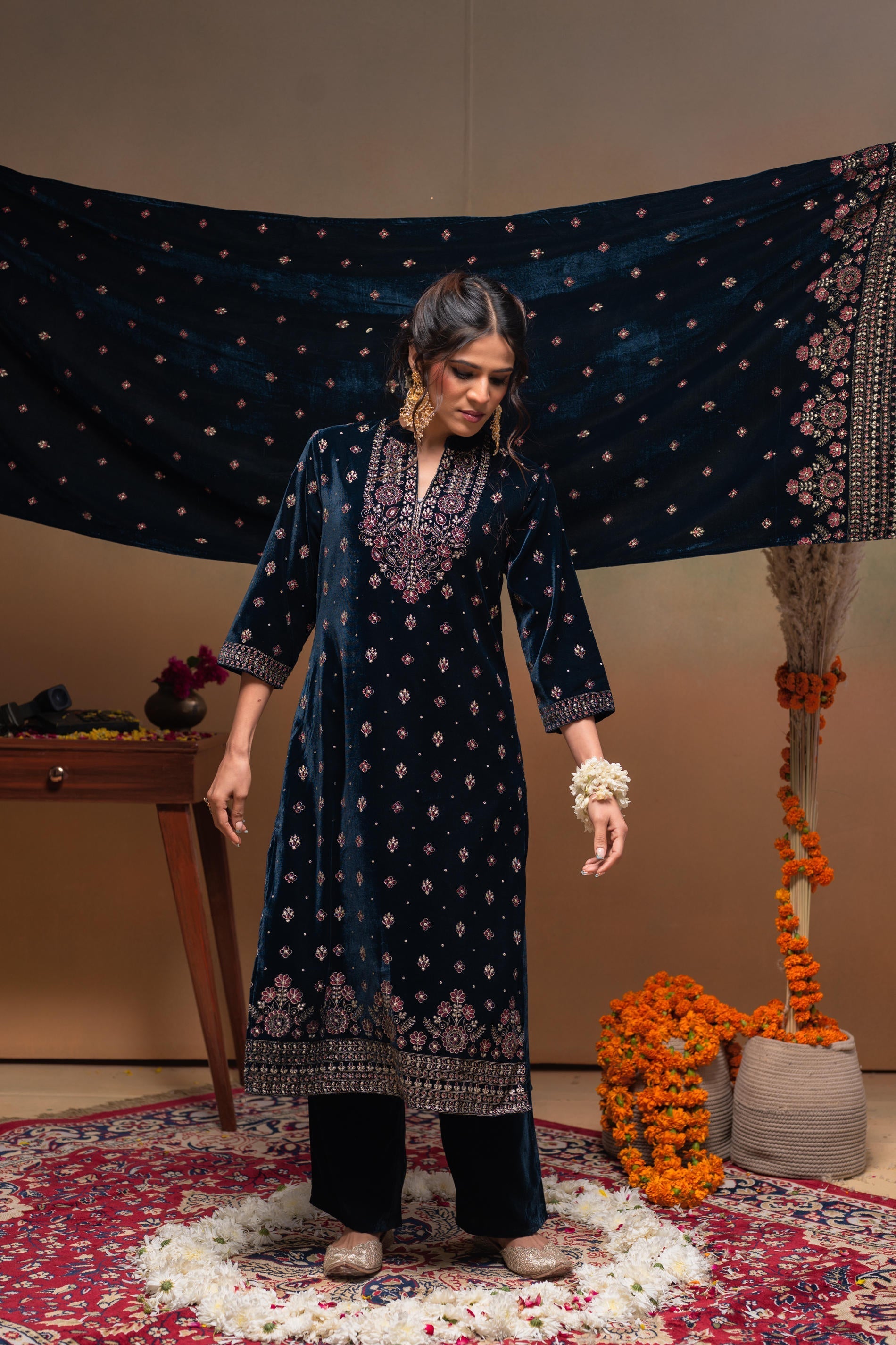 Juniper Teal Embroidered Straight Kurta Set With Dupatta