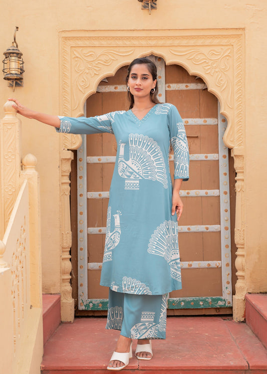 Juniper Women'S Printed Powder Blue Viscose Kurta With Pant | Grab2Buy
