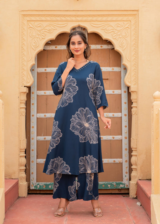 Juniper Women'S Navy Floral Print Viscose Kurta & Pant Set With Sequin And Bead Work | Grab2Buy
