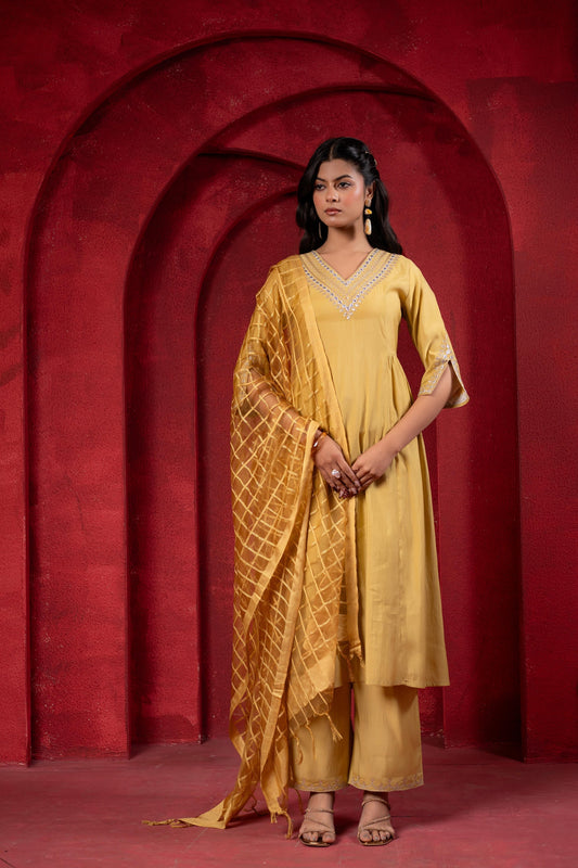 Juniper Mustard Elegance Chanderi Kurta Set With Geometric Dupatta