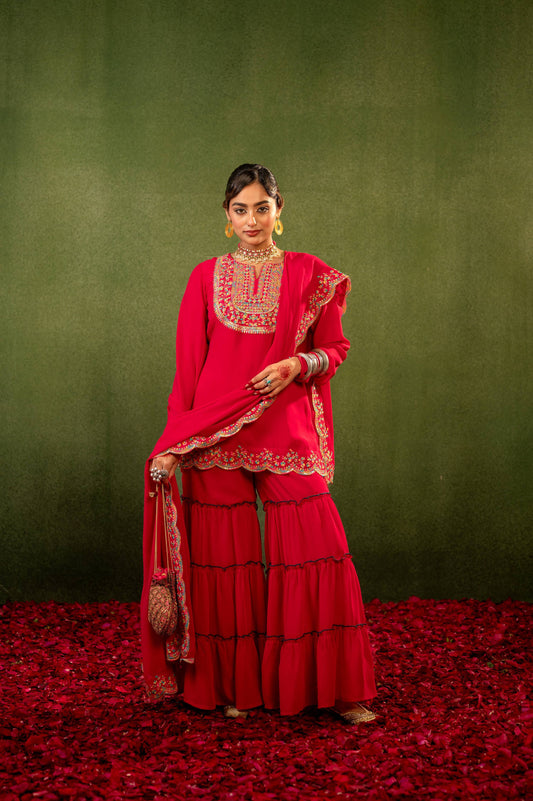 Juniper Pink Embroidered Kurta Sharara Set With Dupatta