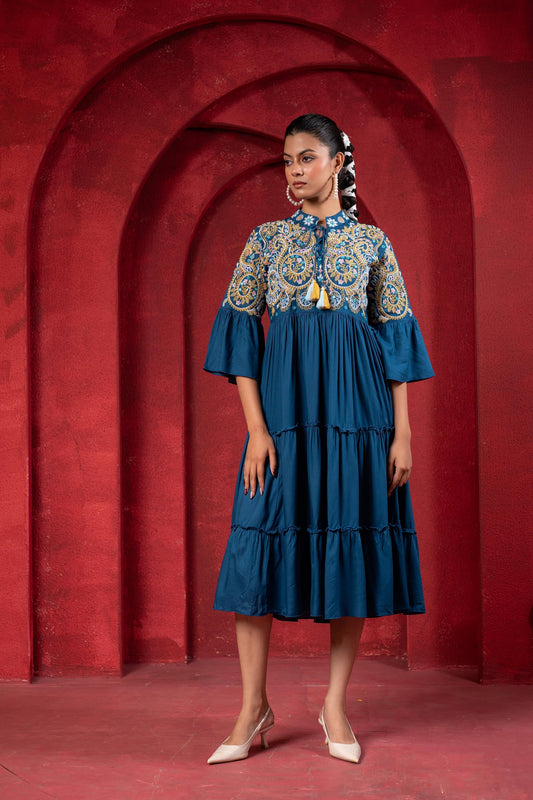 Juniper Indigo Tiered Dress With Multicolor Embroidered Yoke And Tassel Tie-Up