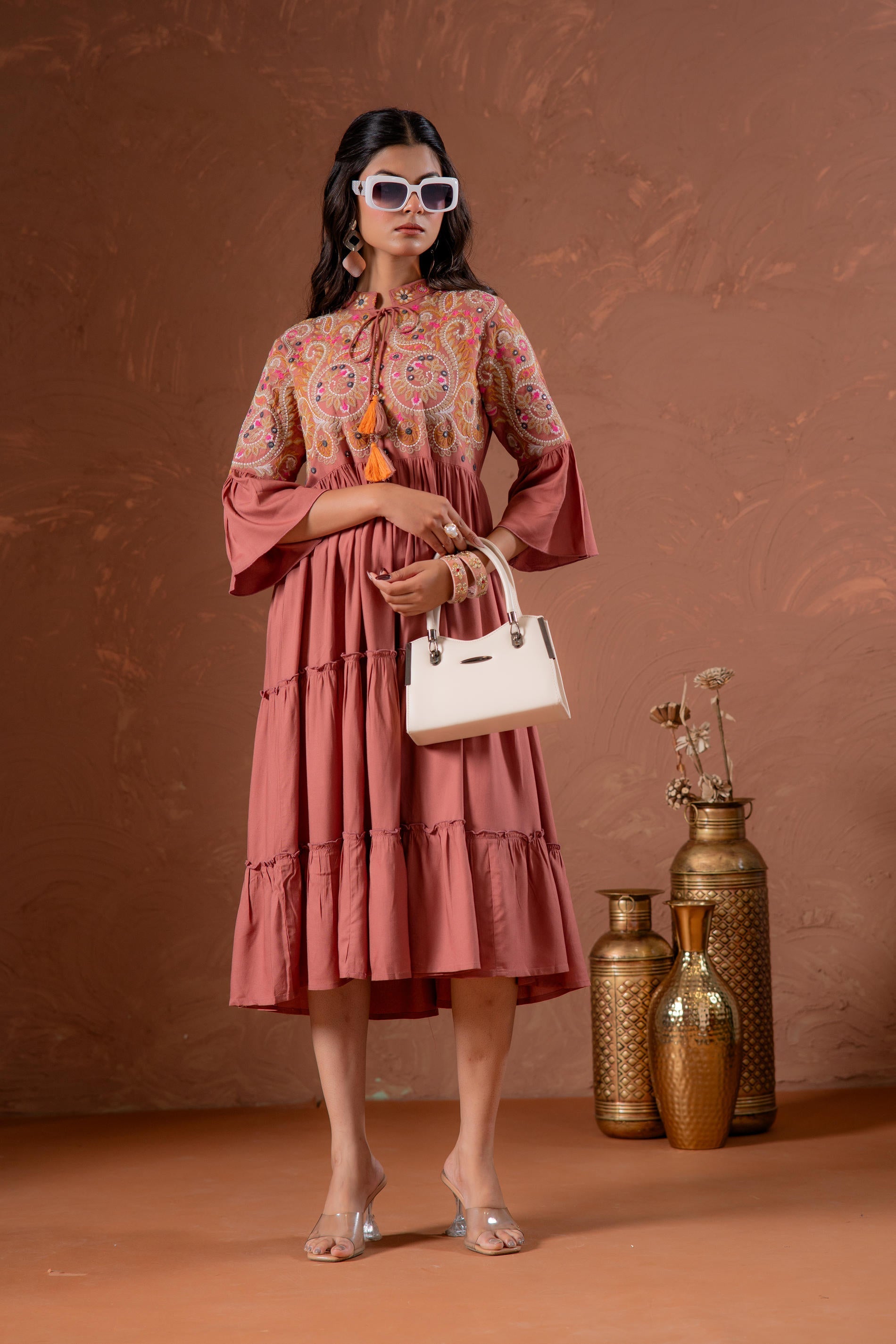 Juniper Rust Tiered Dress With Multicolor Embroidered Yoke And Tassel Tie-Up
