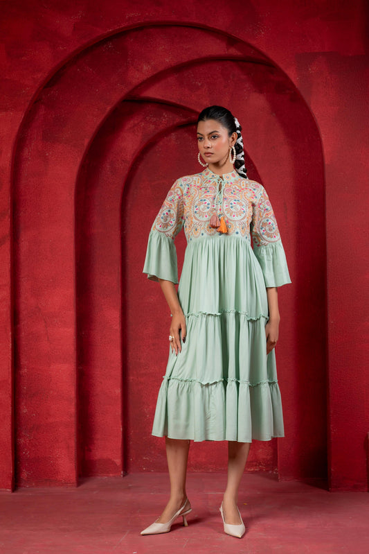 Juniper Sage Green Tiered Dress With Multicolor Embroidered Yoke And Tassel Tie-Up