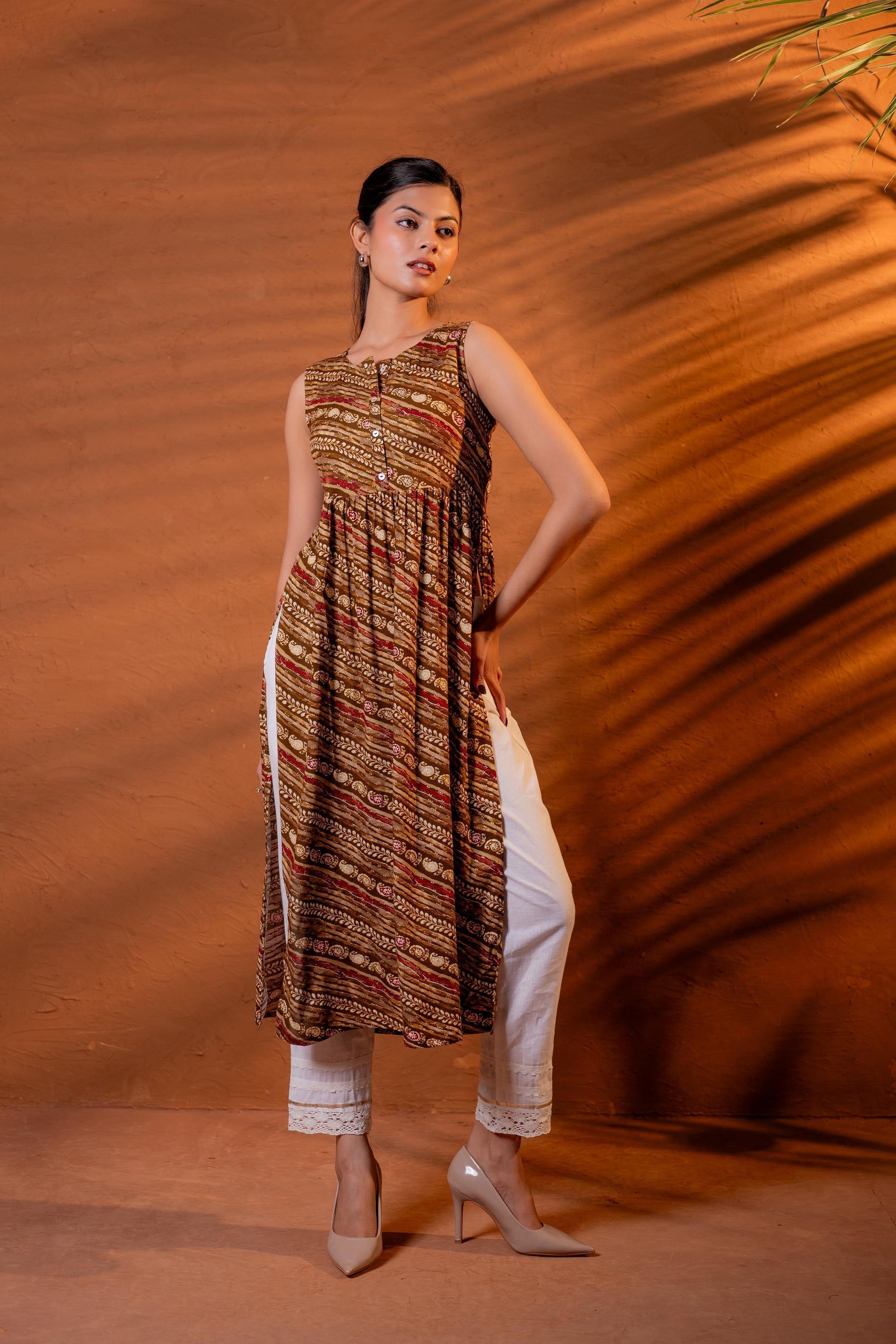 Juniper Rust Tribal Wave Printed Sleeveless Flared Kurta