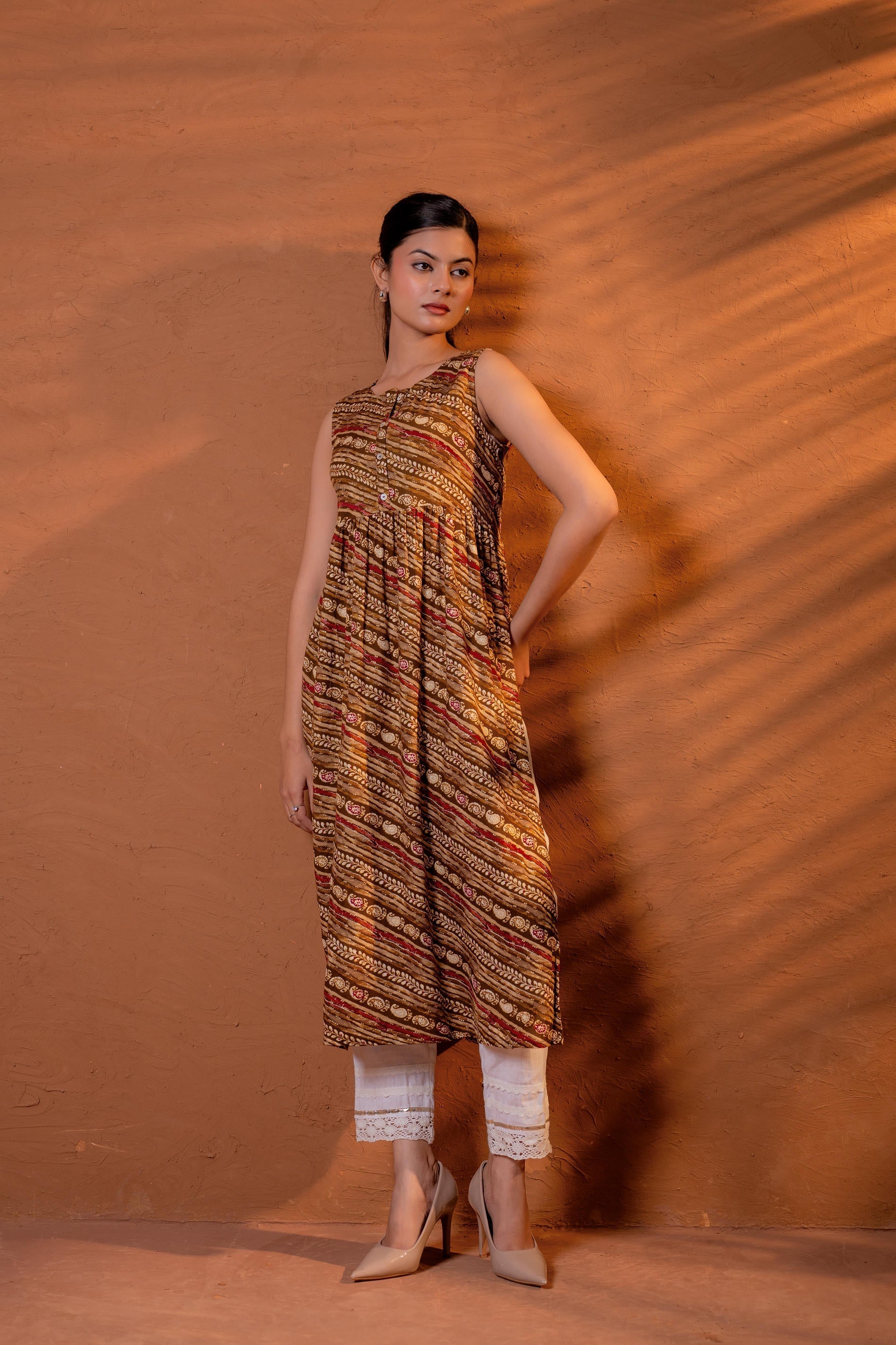 Juniper Rust Tribal Wave Printed Sleeveless Flared Kurta