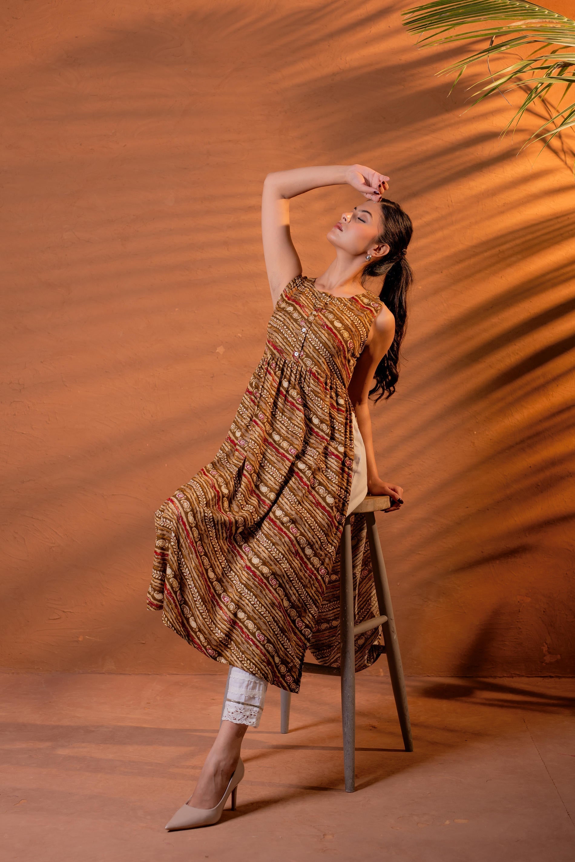 Juniper Rust Tribal Wave Printed Sleeveless Flared Kurta