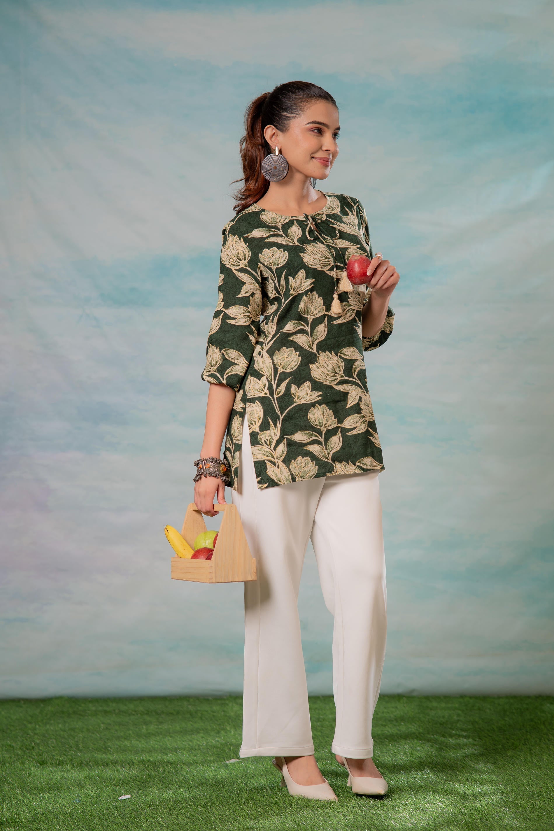 Juniper Green Floral Printed Viscose Tunic