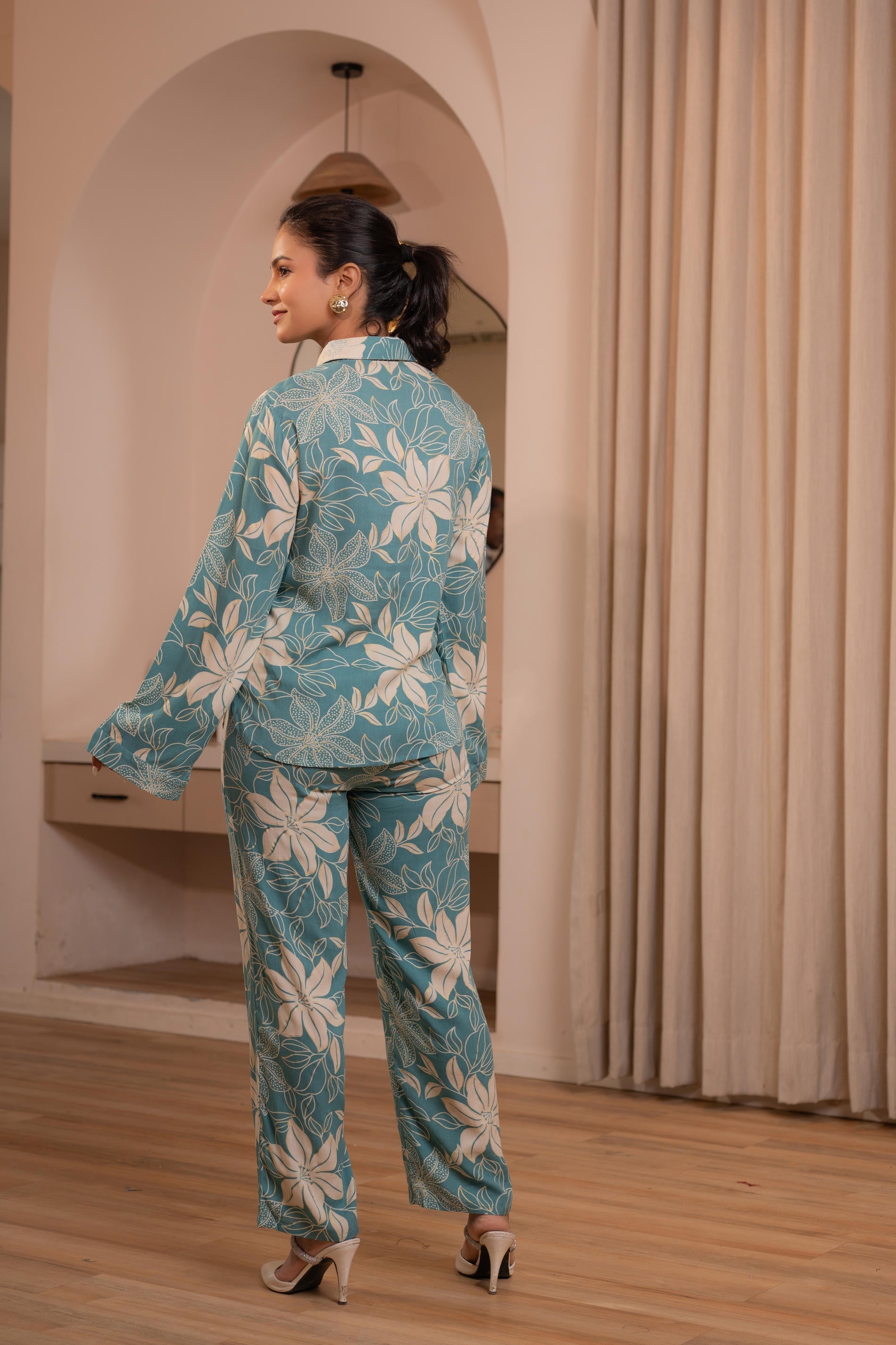 Juniper Mint Floral Printed Co-Ord Set With Button Details 
