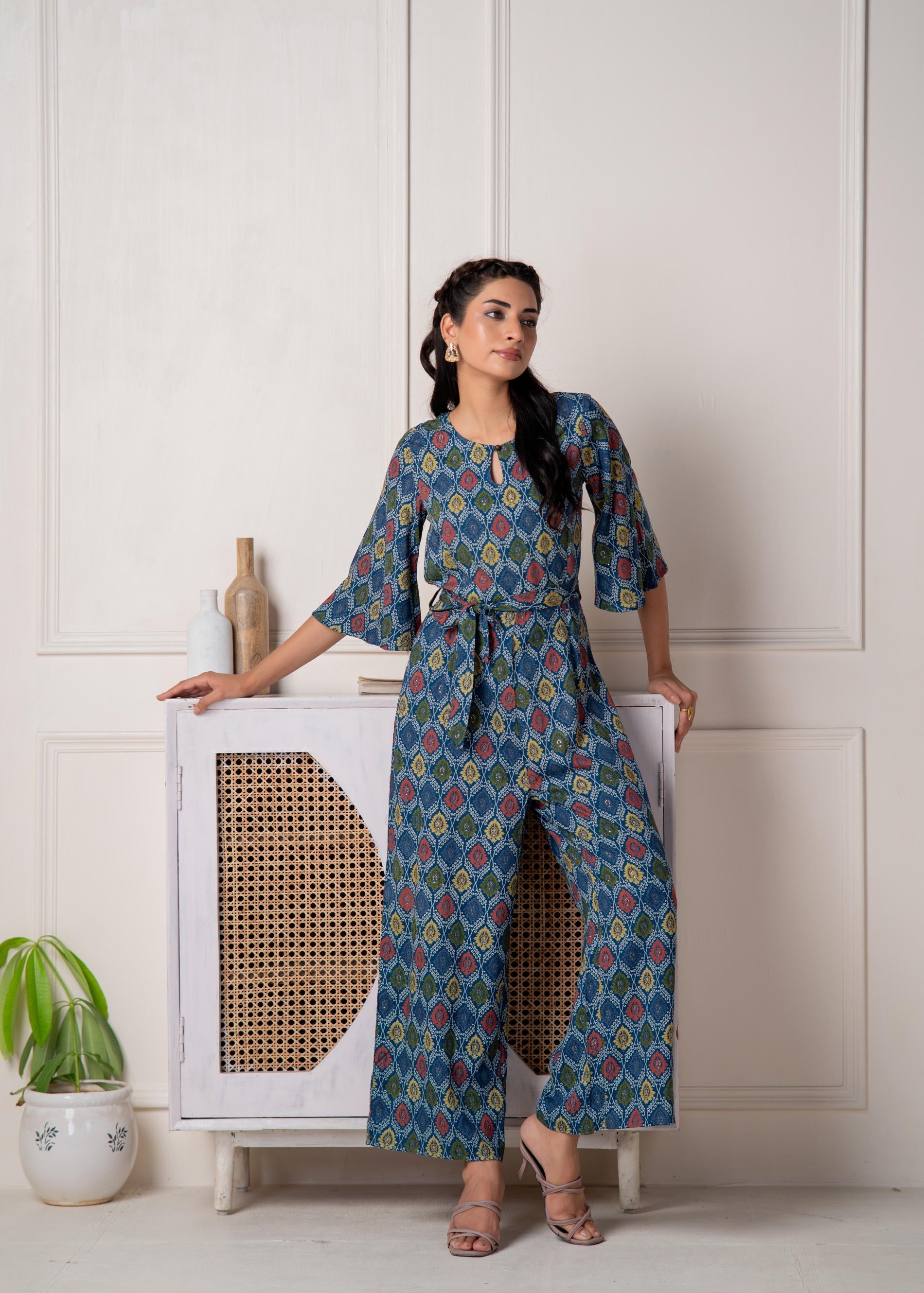 Juniper Teal Floral Printed Viscose Jumpsuit With Belt 