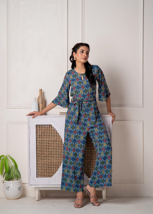 Juniper Teal Floral Printed Viscose Jumpsuit With Belt 