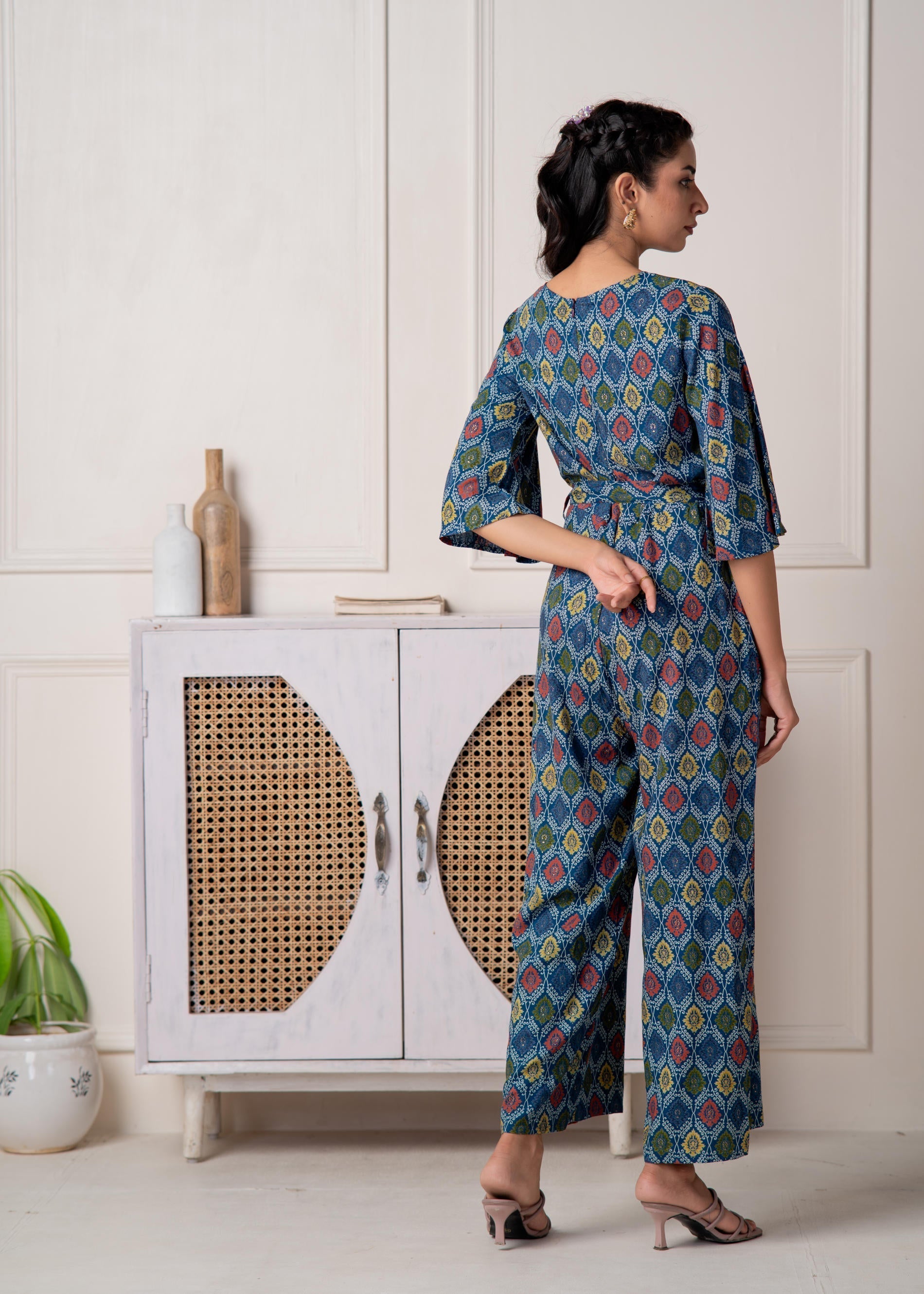 Juniper Teal Floral Printed Viscose Jumpsuit With Belt 