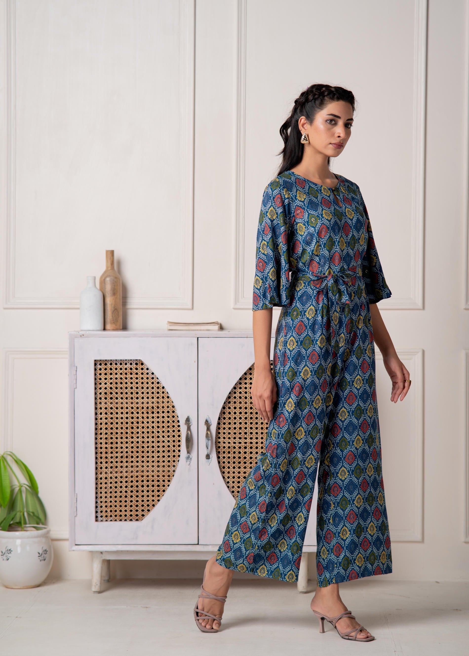 Juniper Teal Floral Printed Viscose Jumpsuit With Belt 