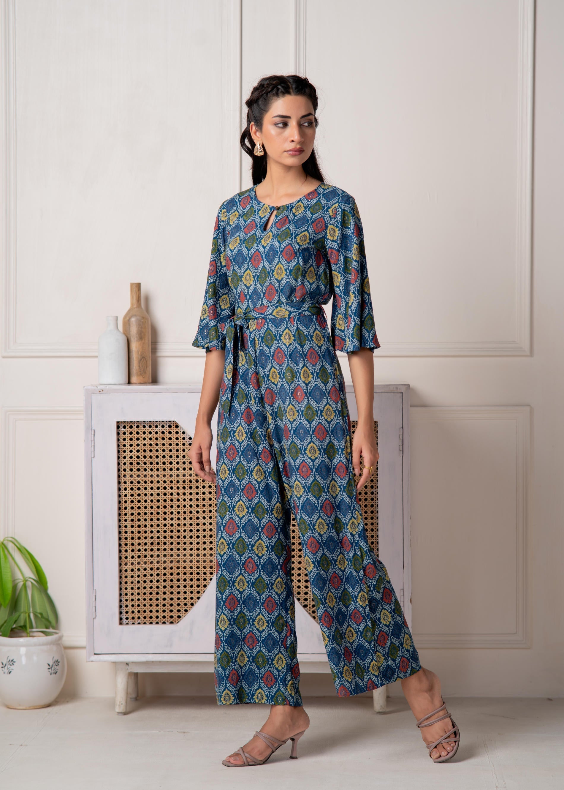 Juniper Teal Floral Printed Viscose Jumpsuit With Belt 