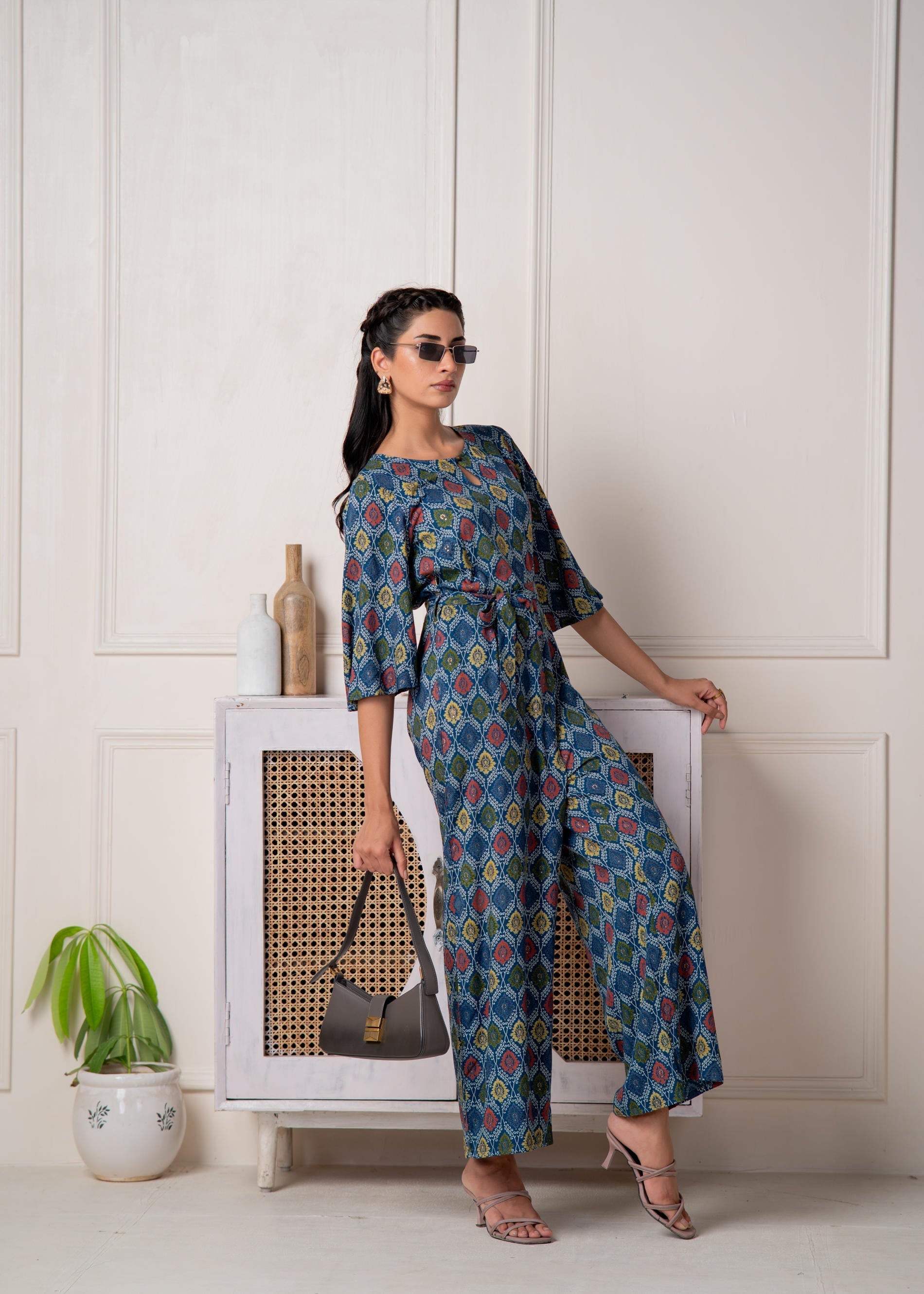 Juniper Teal Floral Printed Viscose Jumpsuit With Belt 