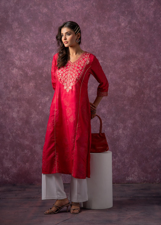 Juniper Rust Red Embroidered Straight Kurta