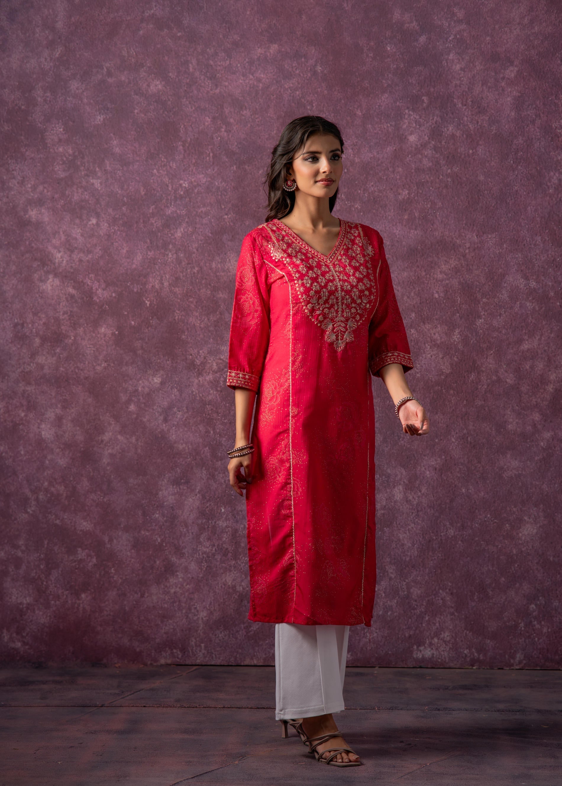 Juniper Rust Red Embroidered Straight Kurta