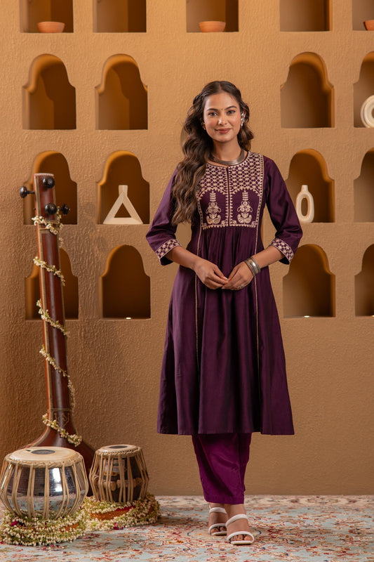 Juniper Wine Embroidered Yoke Kurta | Grab2Buy
