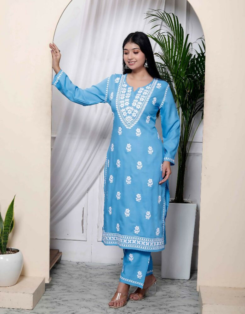 Miravan Womens Blue Embroidered Kurta With Palazzo