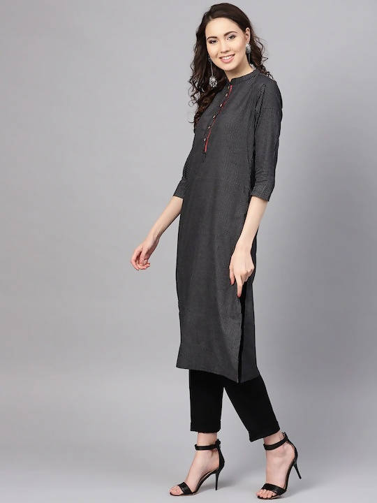 Myshka Women Black & White Striped Straight Kurta