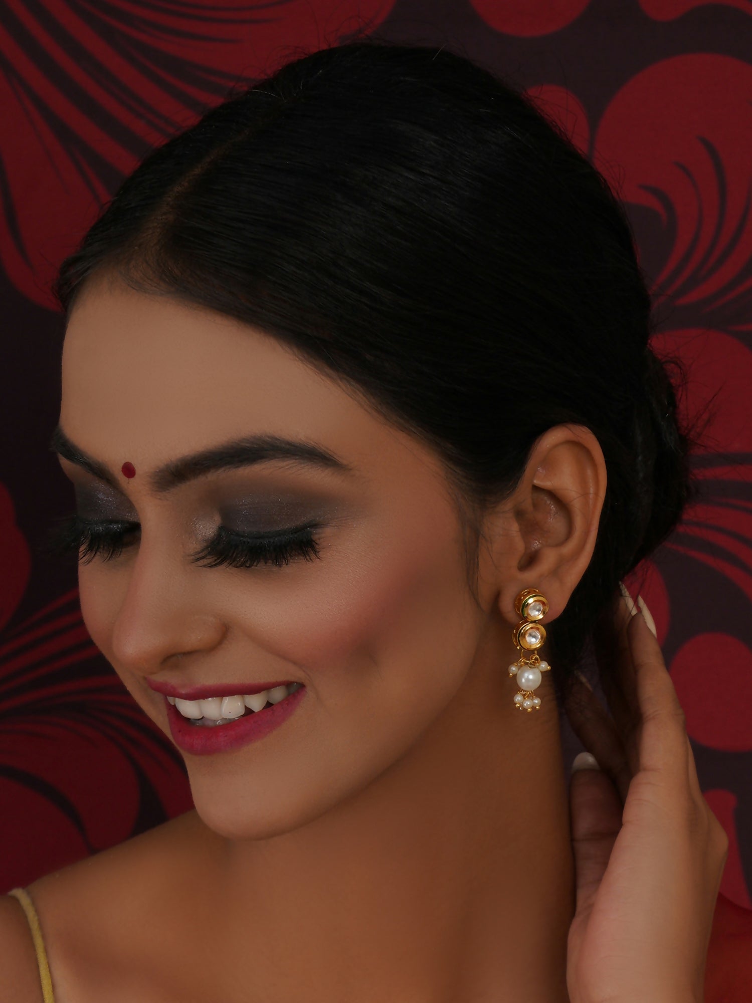 Kundan Earrings with Pearl Drops (Gold) - Ruby Raang - Grab2buy