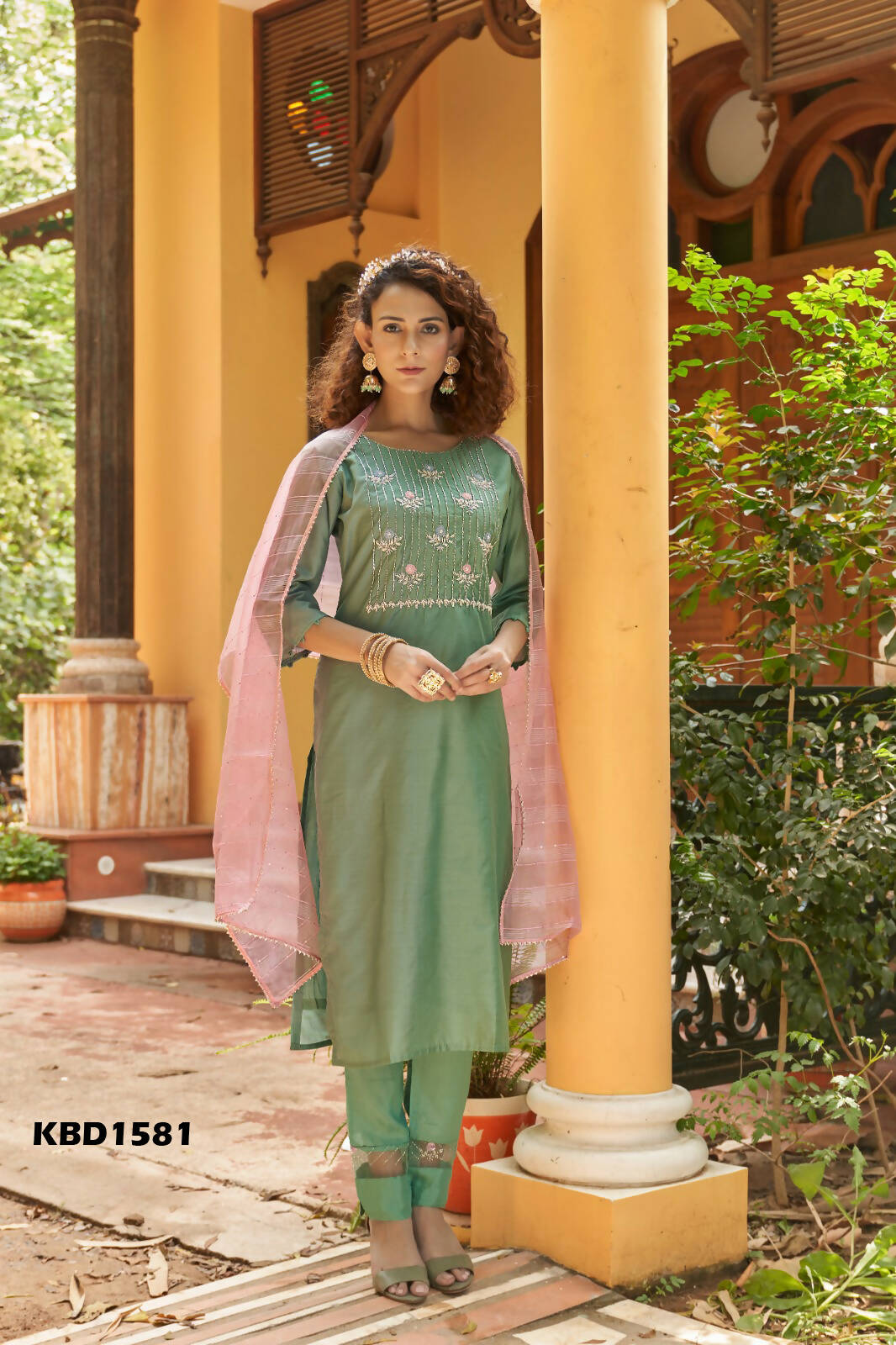 Green Chinon Embroidered Kurta and Bottom with Dupatta - Akashara