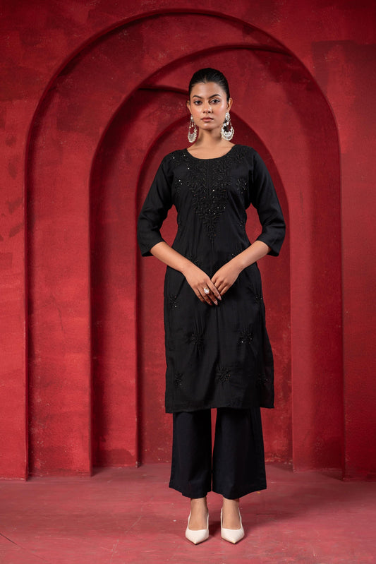 Juniper Black Tonal Sequin Embellished Straight Kurta Set | Grab2Buy