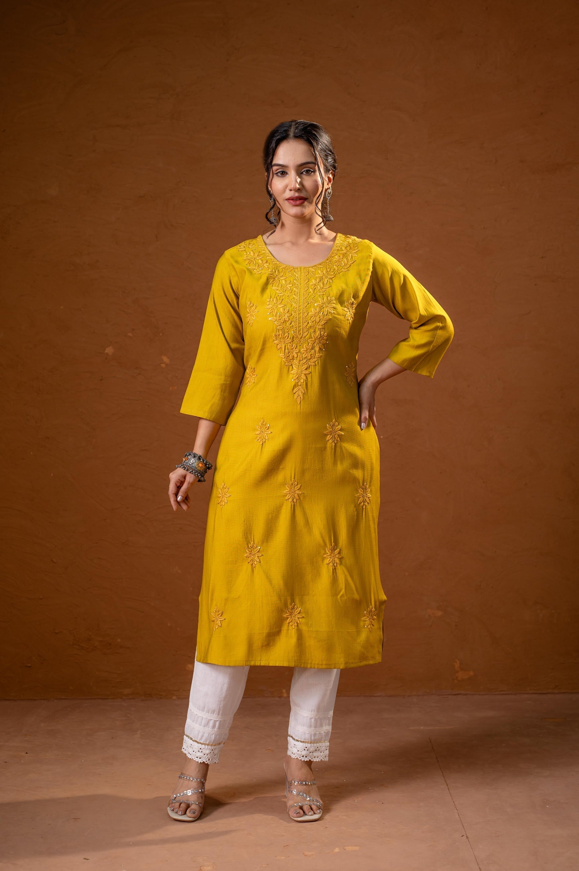 Juniper Mustard Tonal Sequin Embellished Straight Kurta Set | Grab2Buy
