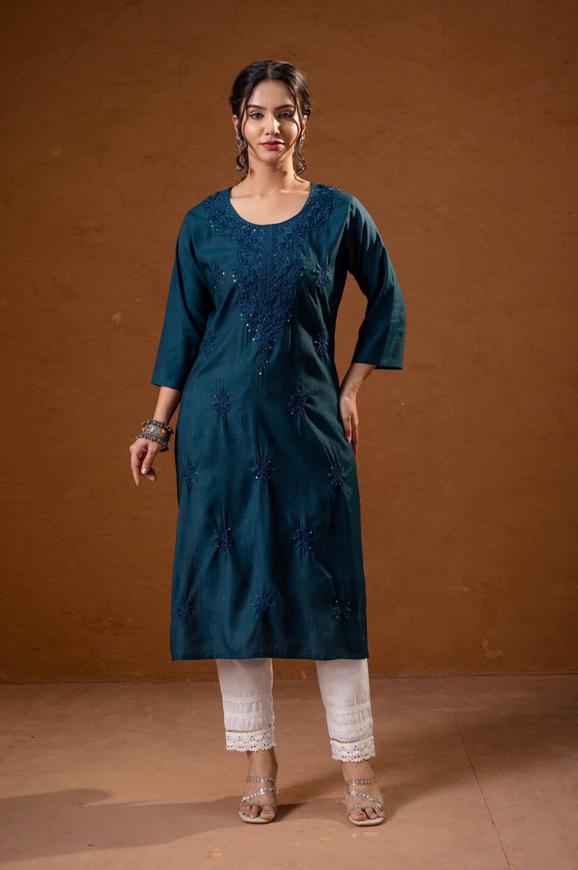 Juniper Teal Tonal Sequin Embellished Straight Kurta Set | Grab2Buy