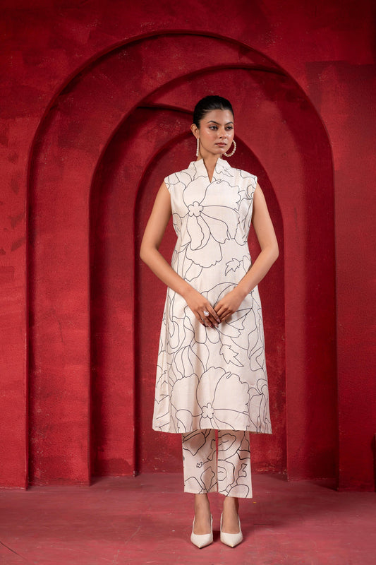 Juniper White & Black Floral Printed Sleeveless Straight Kurta Set