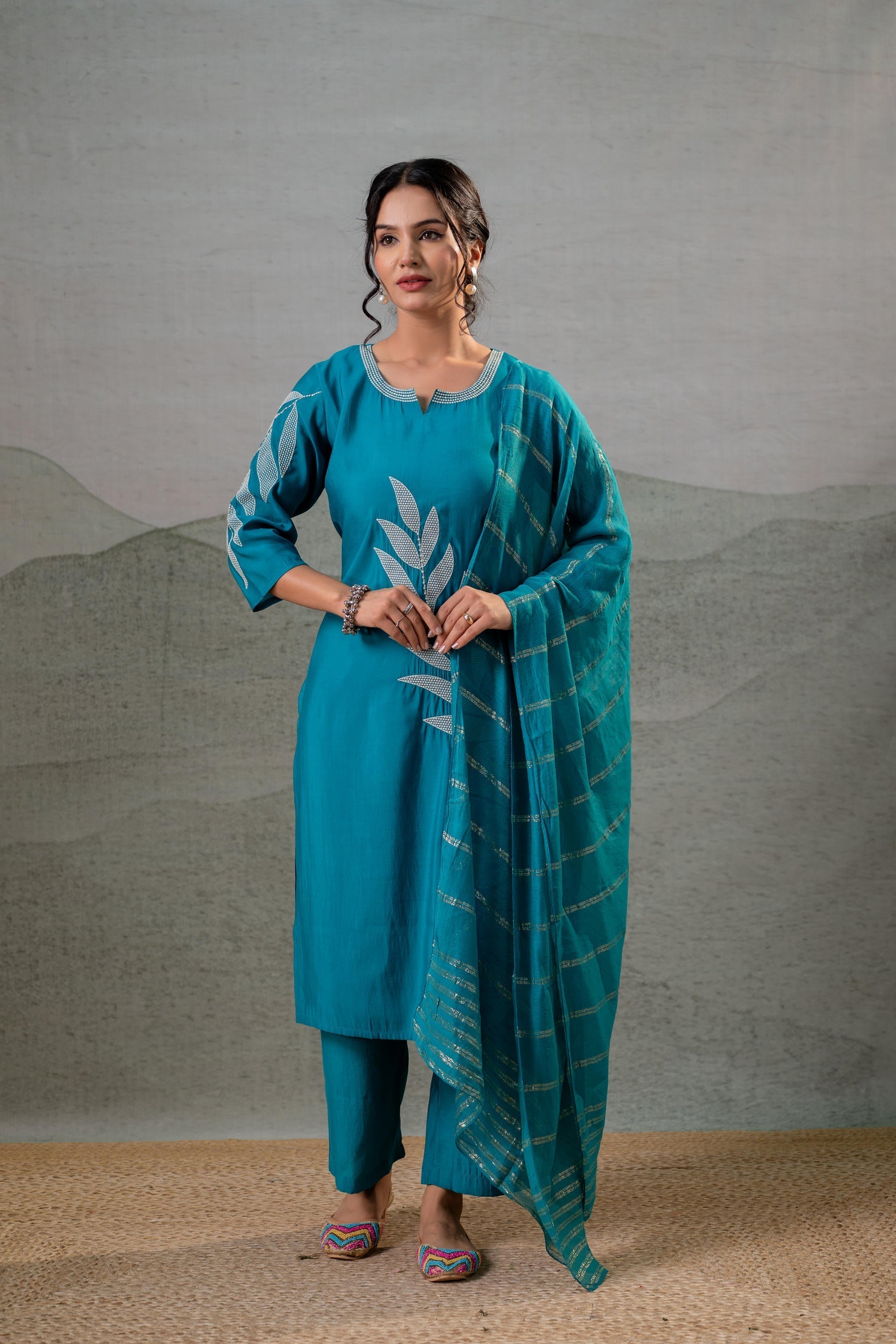Juniper Rama Leaf-Print Straight Kurta Set With Pant & Zari-Lined Dupatta