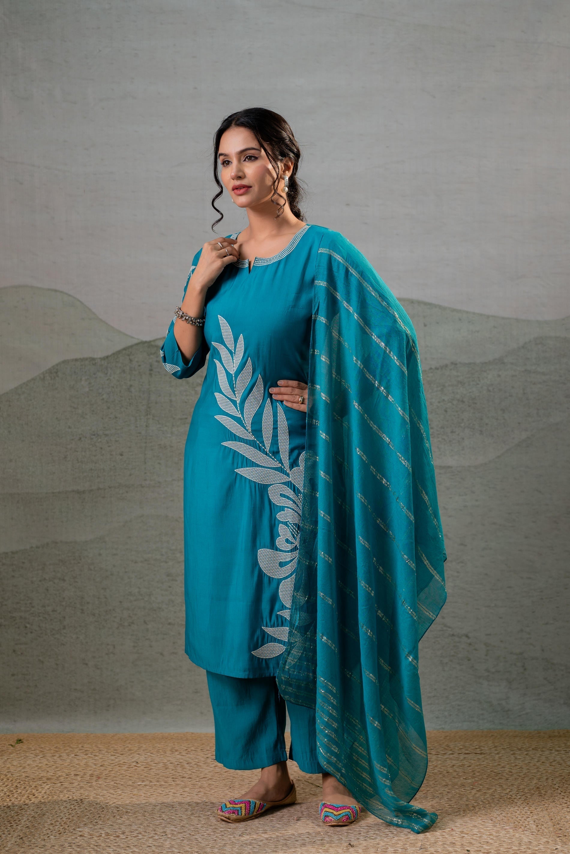 Juniper Rama Leaf-Print Straight Kurta Set With Pant & Zari-Lined Dupatta
