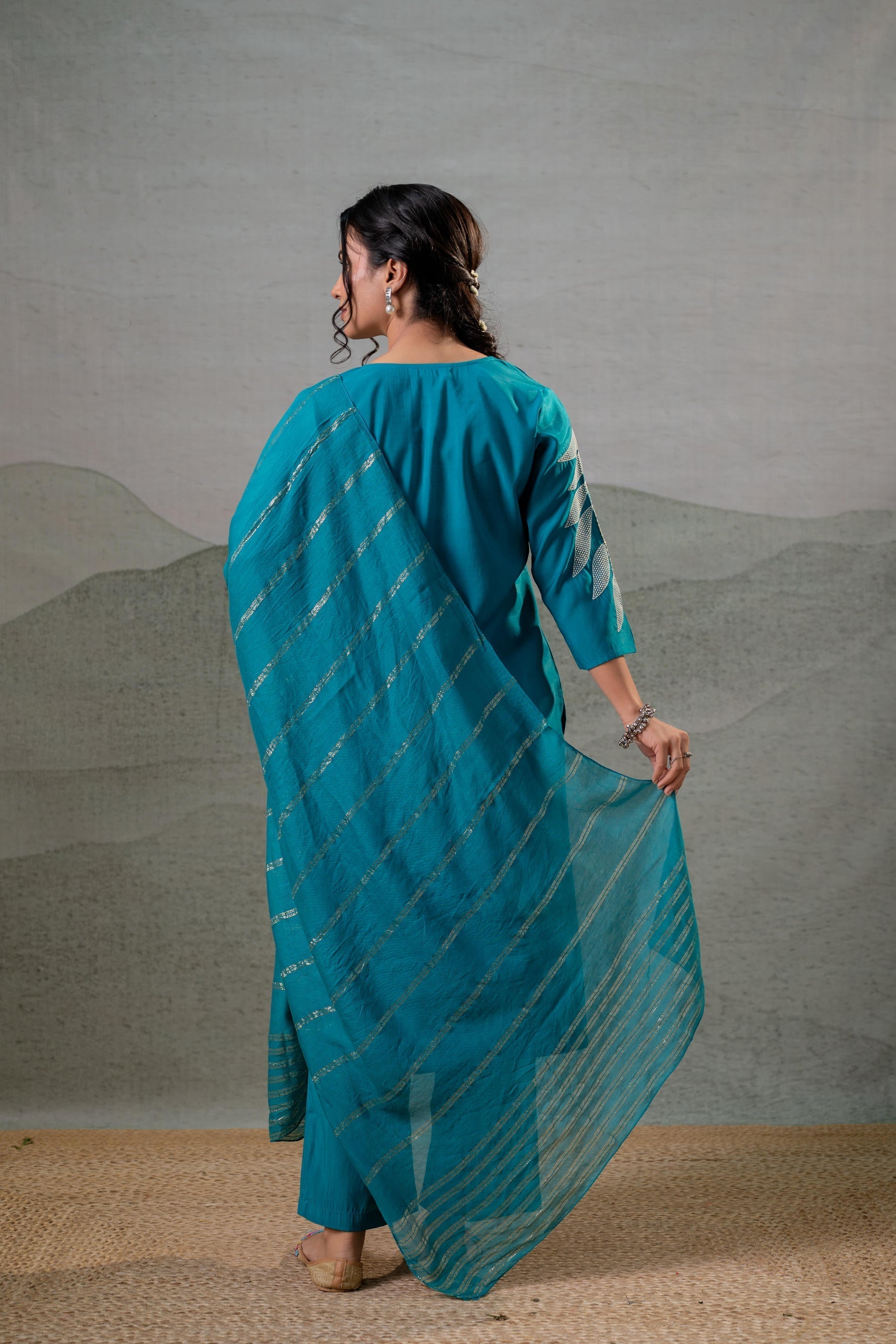 Juniper Rama Leaf-Print Straight Kurta Set With Pant & Zari-Lined Dupatta