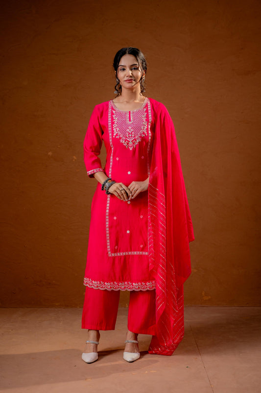 Juniper Fuchsia Zari Embroidered Straight Kurta Set With Matching Pant & Dupatta