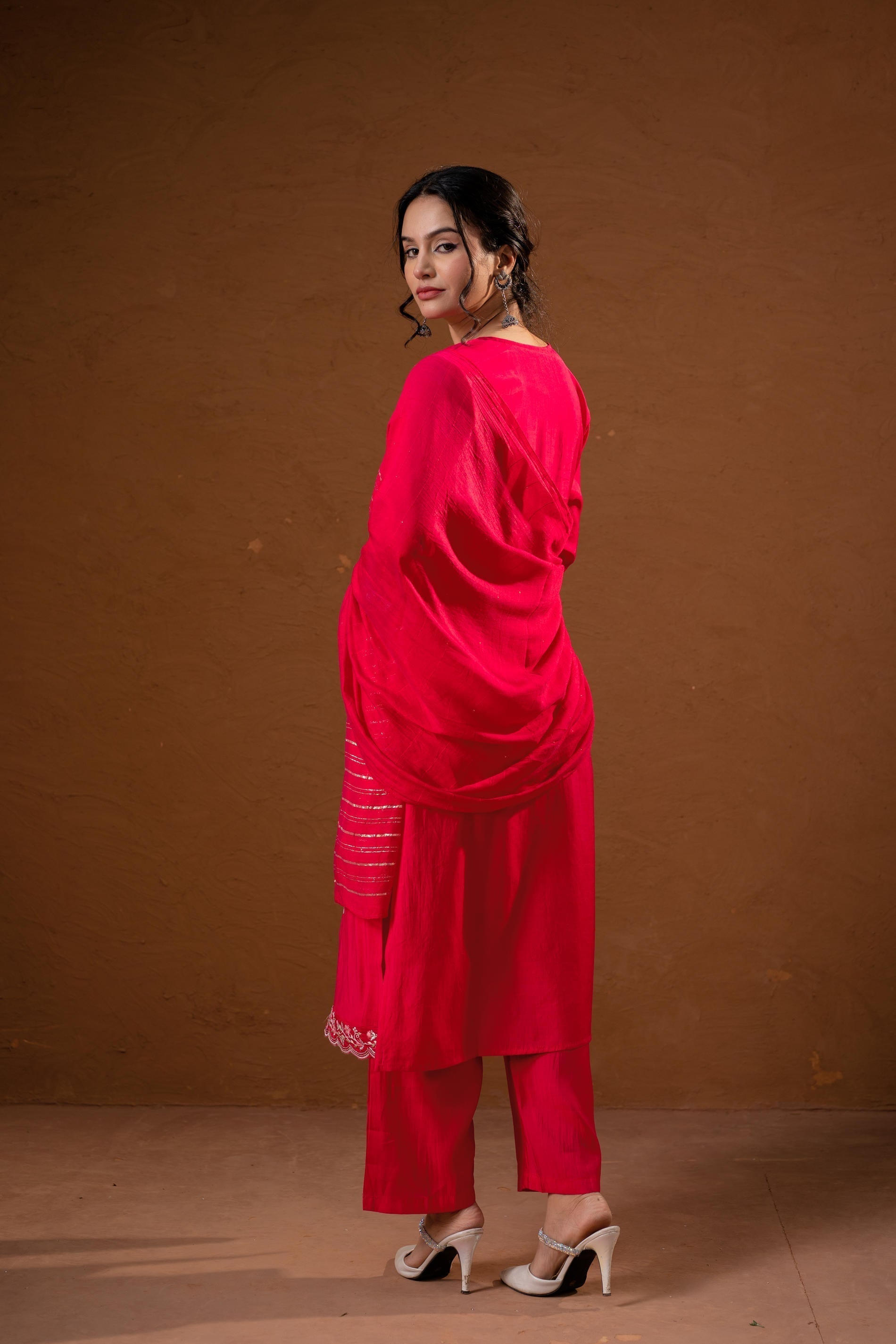 Juniper Fuchsia Zari Embroidered Straight Kurta Set With Matching Pant & Dupatta