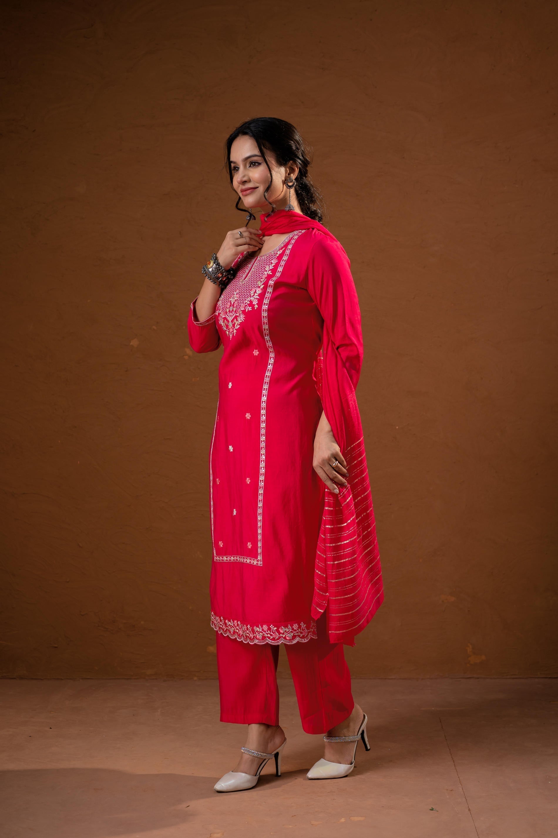 Juniper Fuchsia Zari Embroidered Straight Kurta Set With Matching Pant & Dupatta