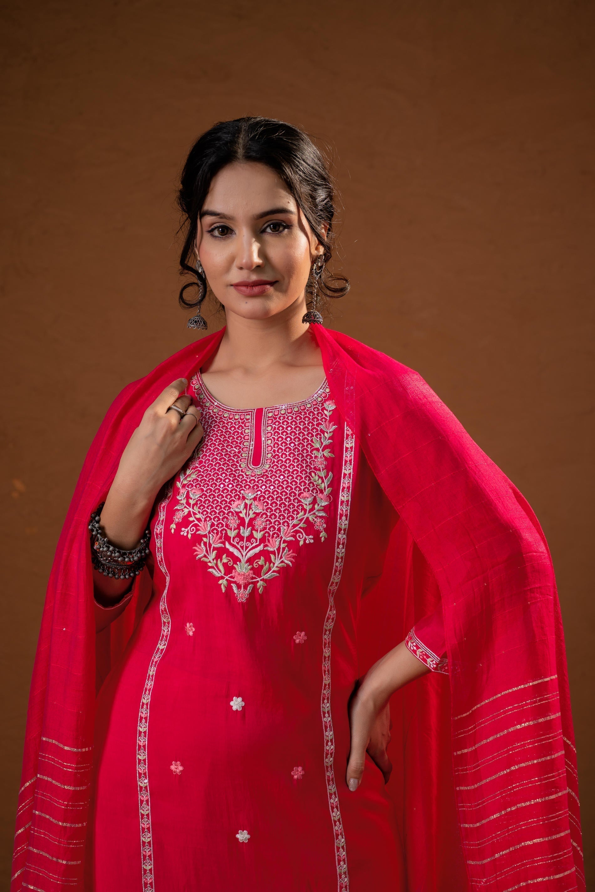 Juniper Fuchsia Zari Embroidered Straight Kurta Set With Matching Pant & Dupatta
