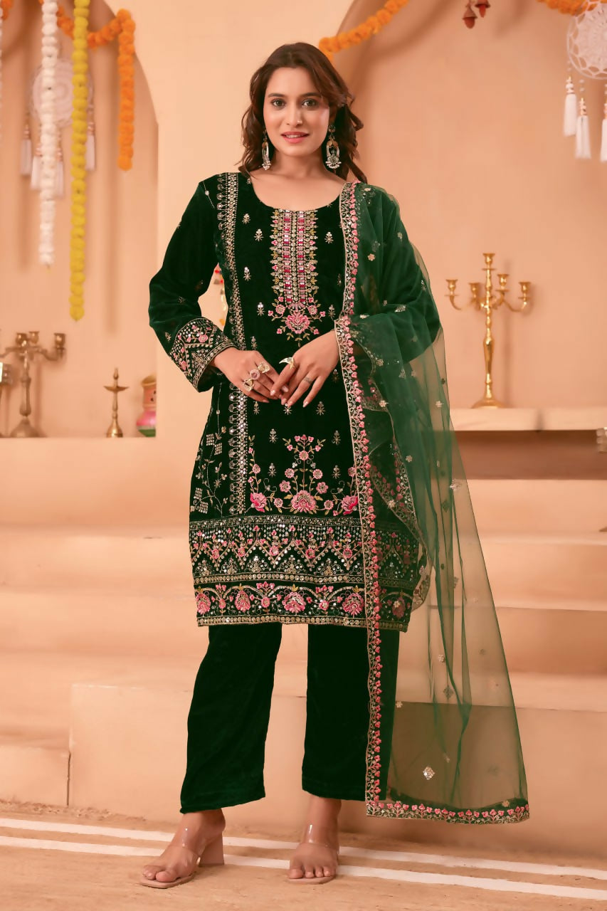 Joban Fashion Green Velvet Embroidery Sequence Work Readymade Kurta Set