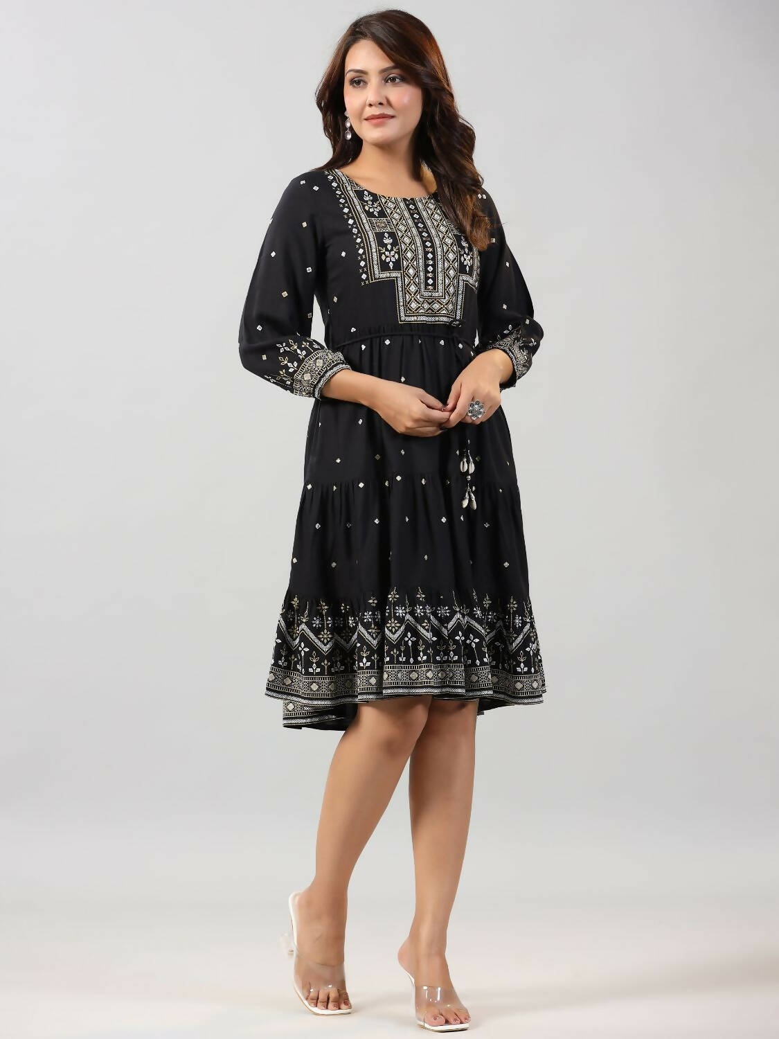 Juniper Women Black Rayon Printed Short Tiered Dress