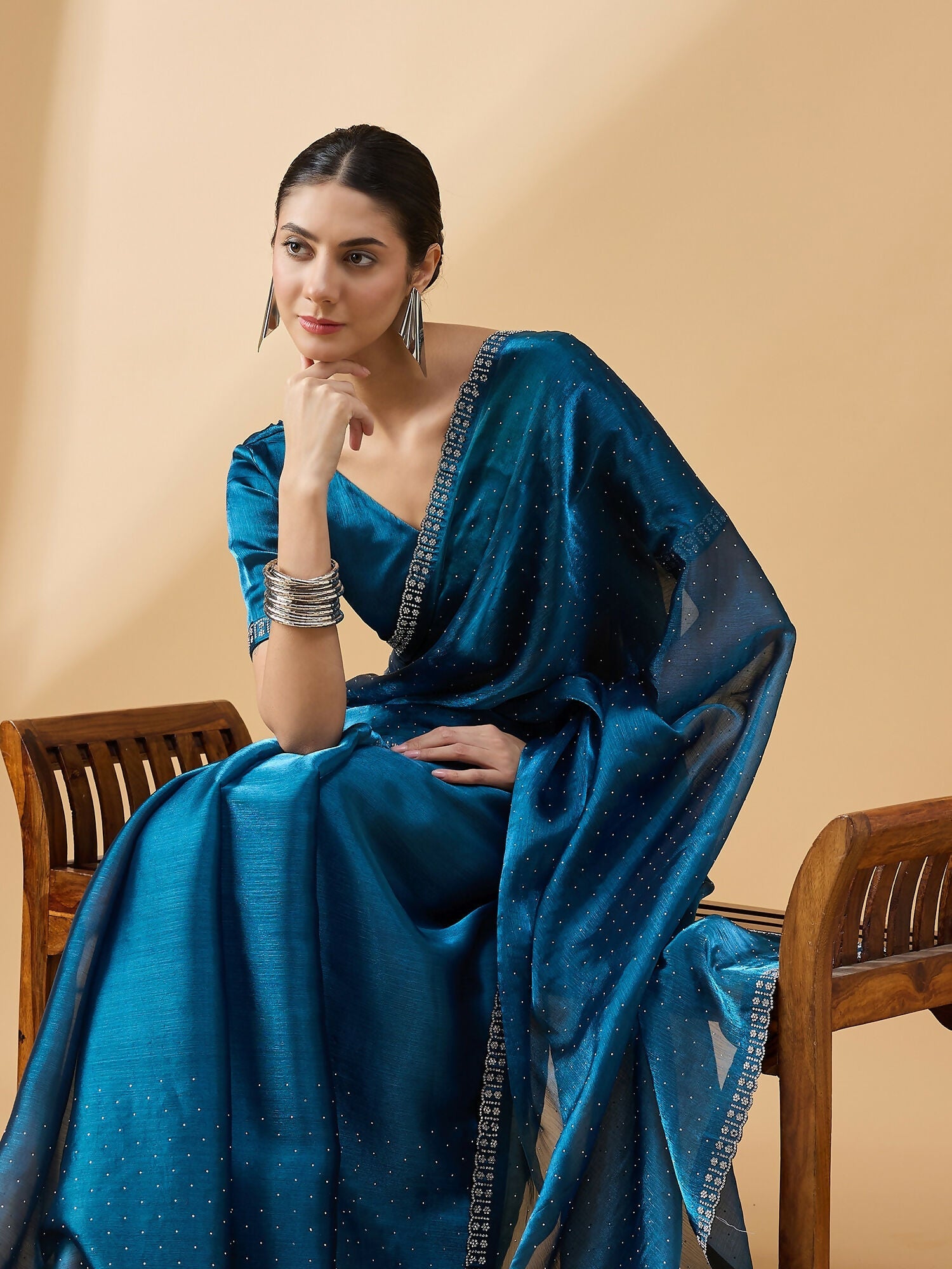 Teal Organza Swaroski Diamond Work Saree with Unstitched Blouse - Radha