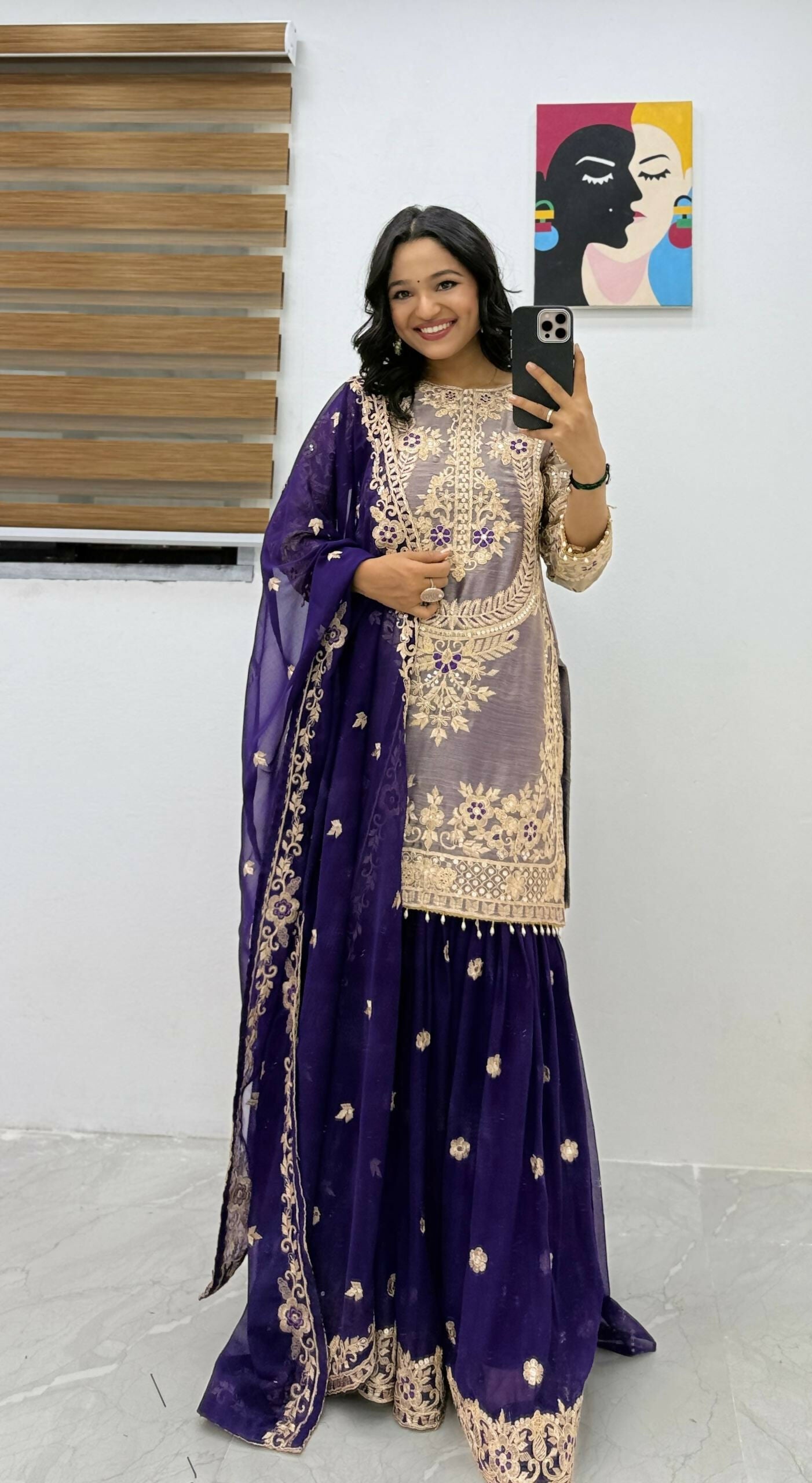 Teeya Creation Womens Latest Trending Codding Embroidery Siqunce Work Kurta Palazzo Set - Purple