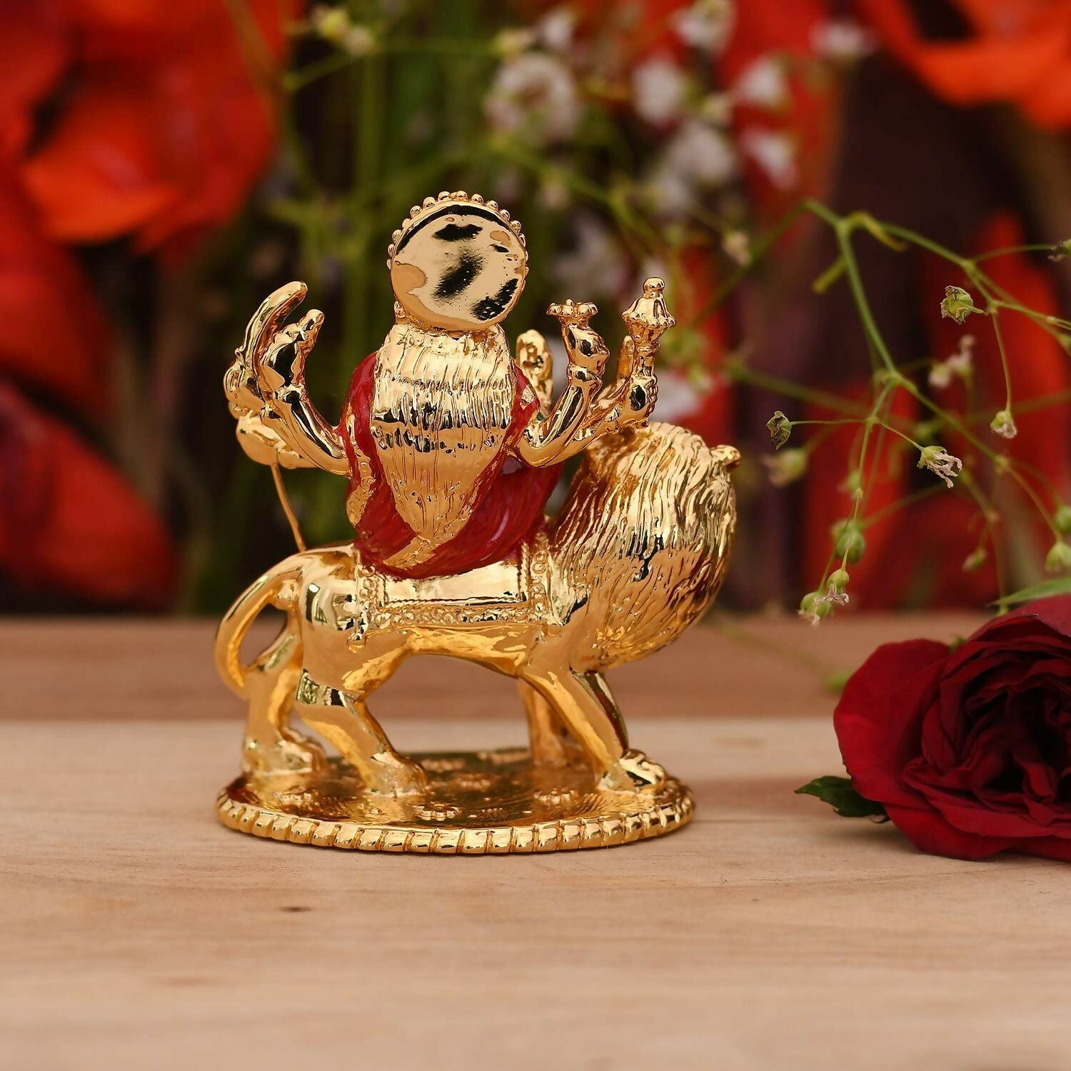 Collectible India Gold-Polished Goddess Maa Durga Sherawali Mata Idol 