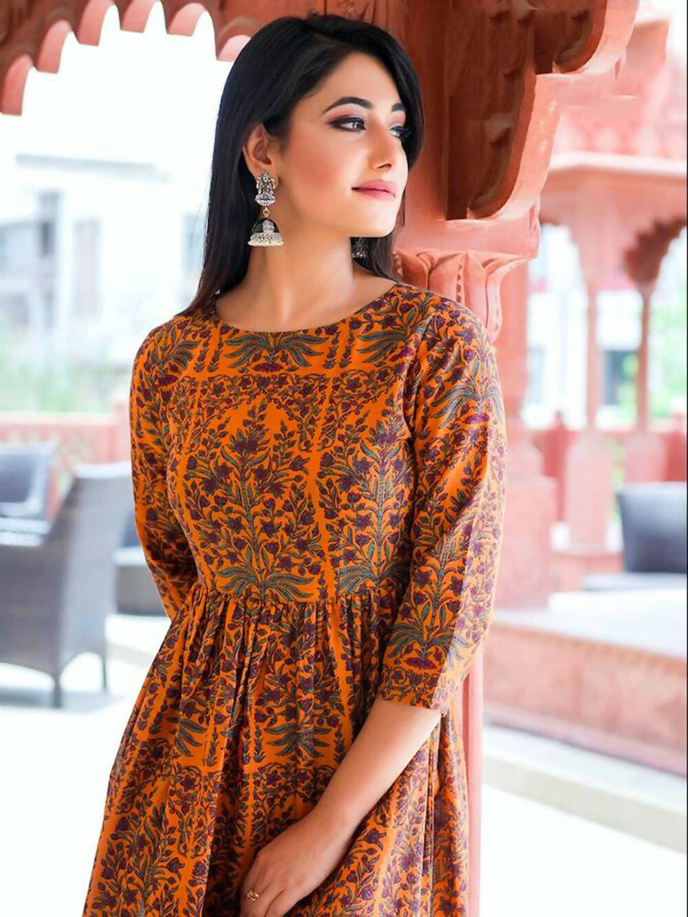 Designer Partywear Printed Dark Coral Pure Maslin Gown - Anbazaar