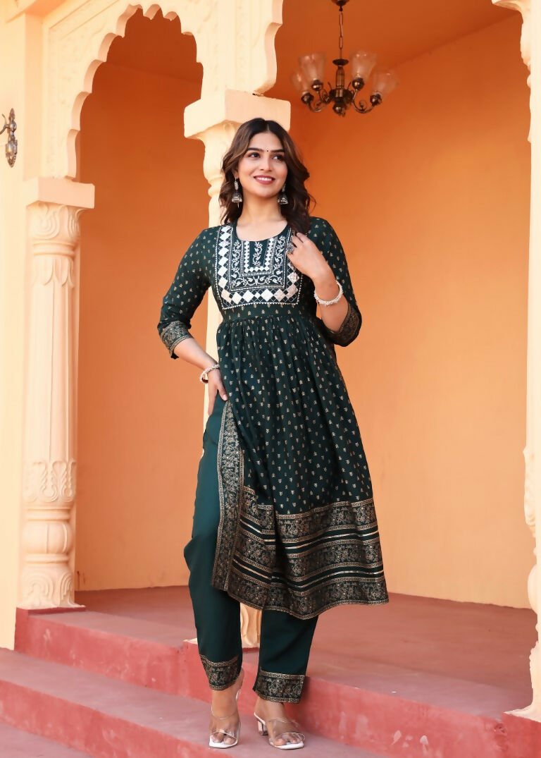 Alvano Women's Embroidery work Print Naira Cut Kurti with Pant and Dupatta set Rayon