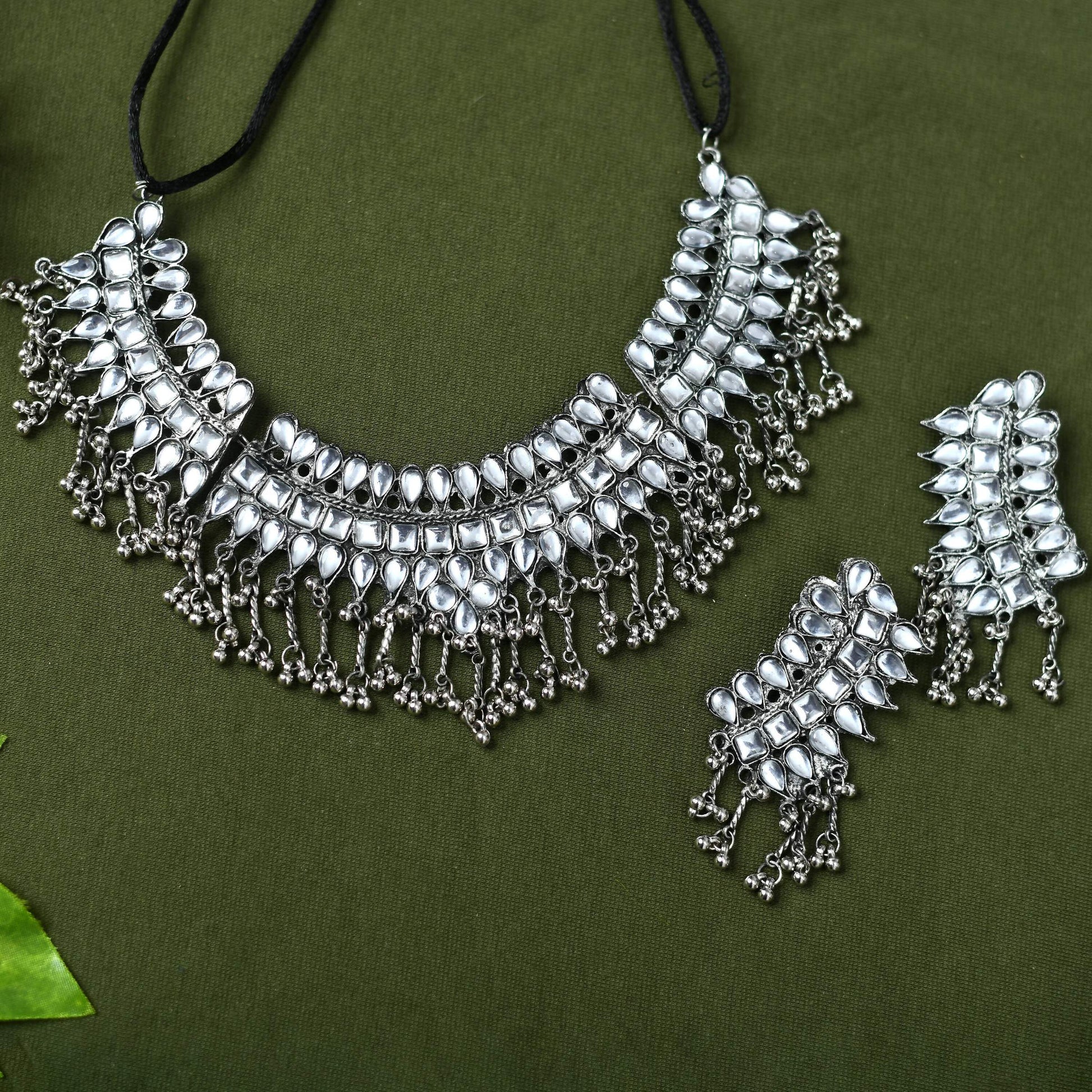 Mominos Fashion Johar Kamal Oxidised Silver-Plated Brass Finish Kundan Necklace For Women (Silver) - Grab2buy