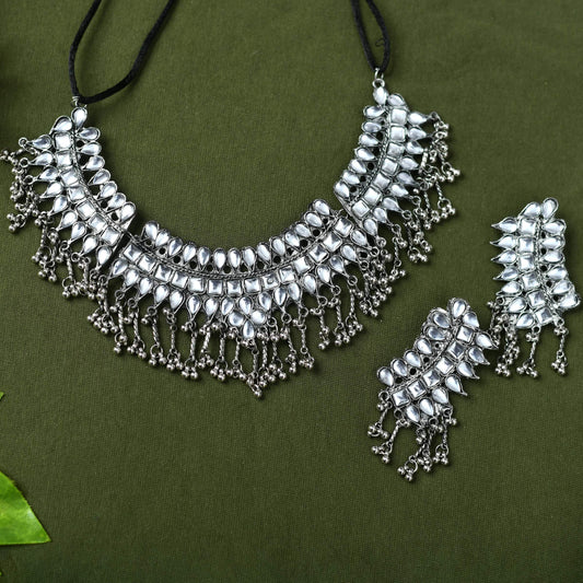 Mominos Fashion Johar Kamal Oxidised Silver-Plated Brass Finish Kundan Necklace For Women (Silver) - Grab2buy