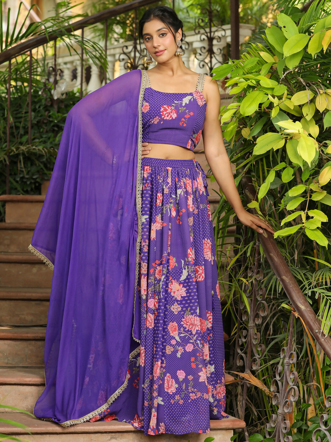 Janasya Purple Georgette Floral Lehenga Choli Dupatta 