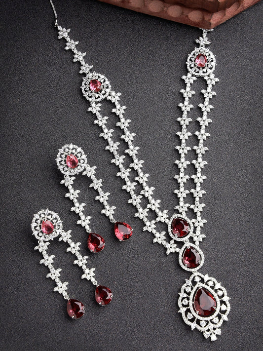 NVR Women's Silver-Plated Red CZ-Studded Handcrafted Jewellery Set - Grab2buy